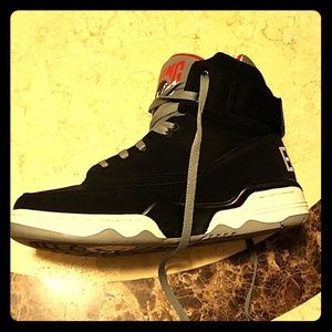 Black red and white Ewing sneakers